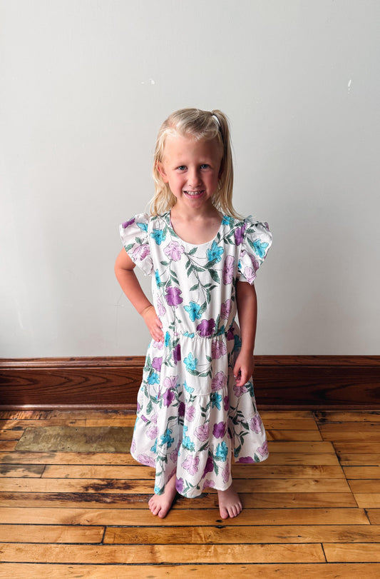 Girls Lavender Floral Print Ruffle Dress