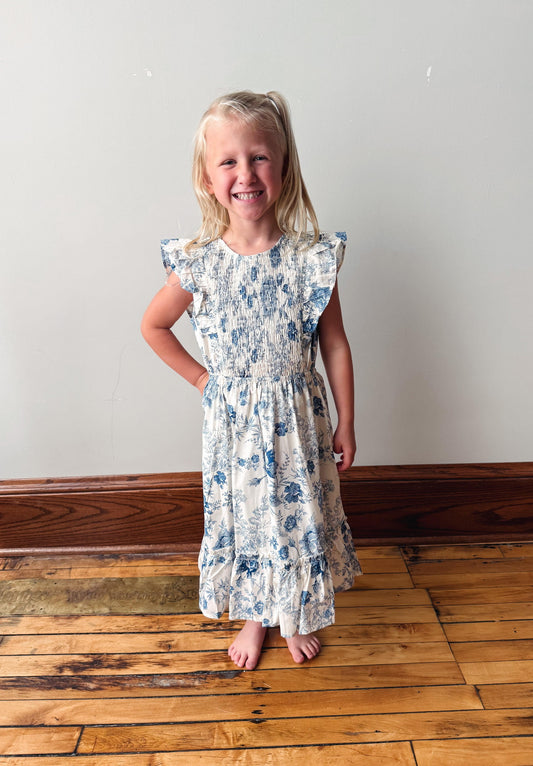 Girls Blue Floral Ruffle Dress