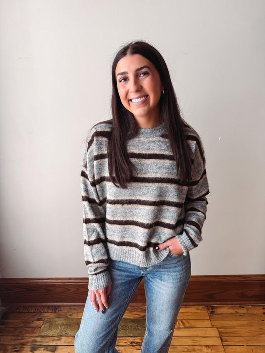 Sutton Heather Grey Brown Striped Sweater