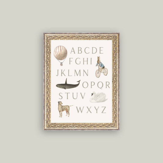 Framed alphabet poster with illustrations on a light gray background