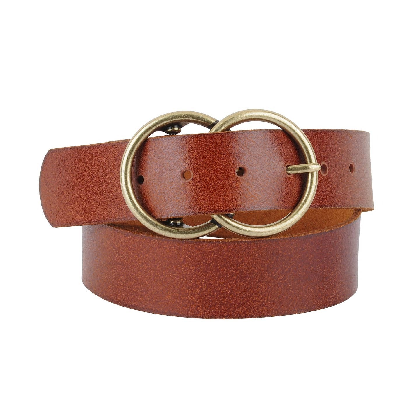 Brown leather belt with a gold double ring buckle on a white background