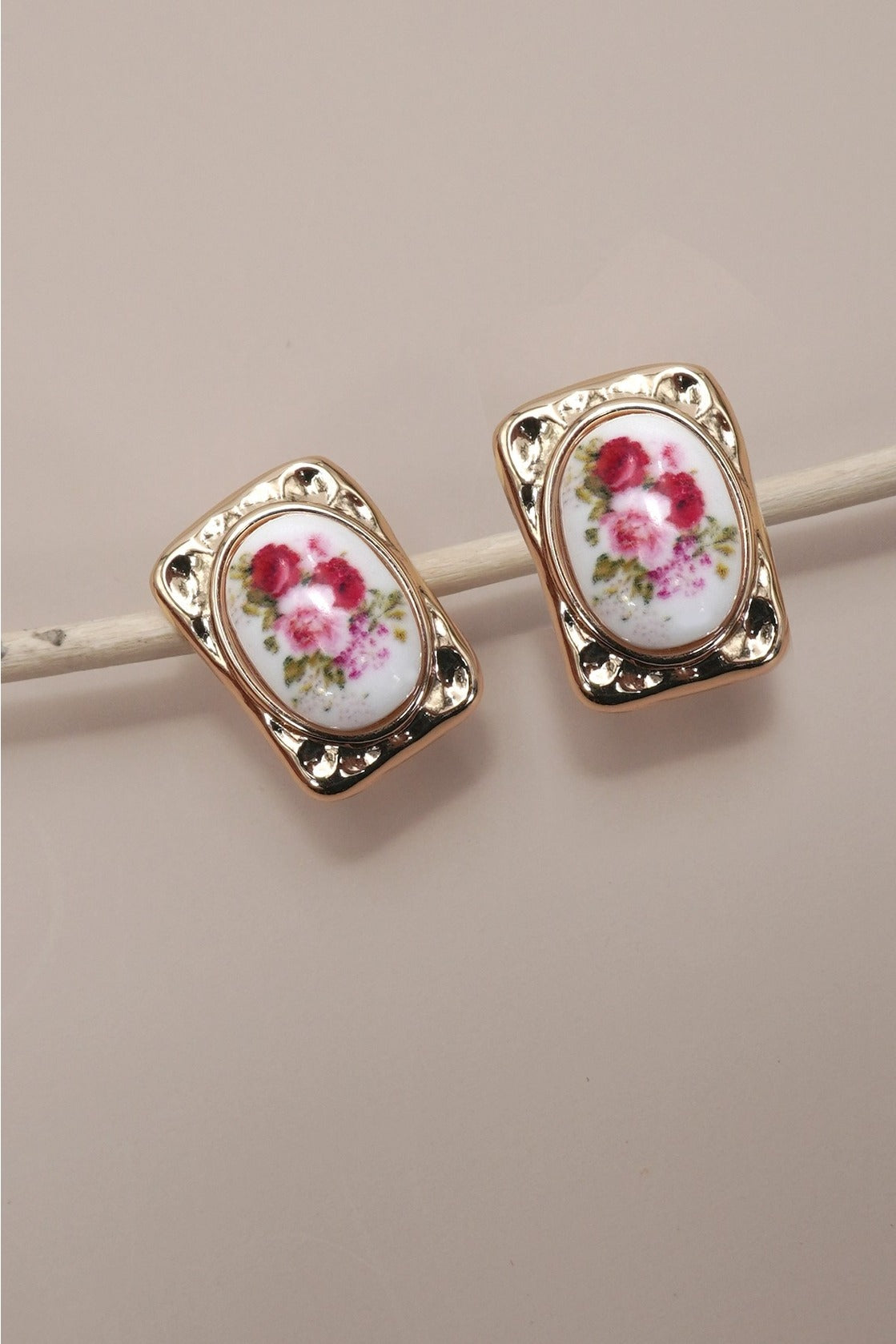 Gold Vintage Porcelain Flower Earrings