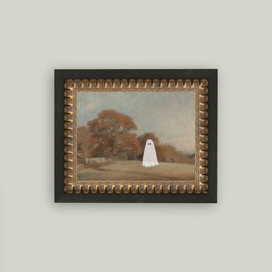 Framed painting of a ghostly figure in a landscape with trees and grass.