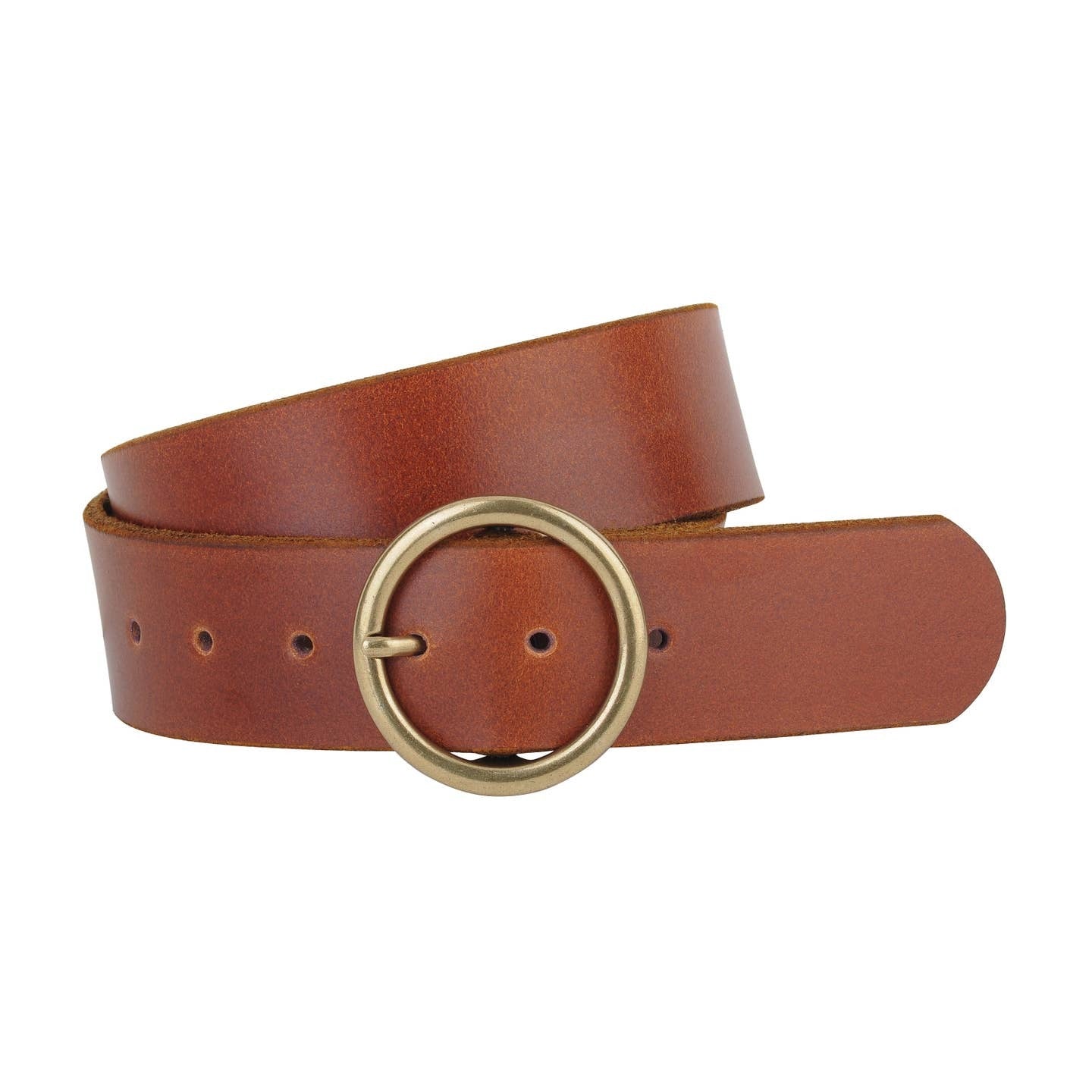 Brown leather belt with a gold ring buckle on a white background