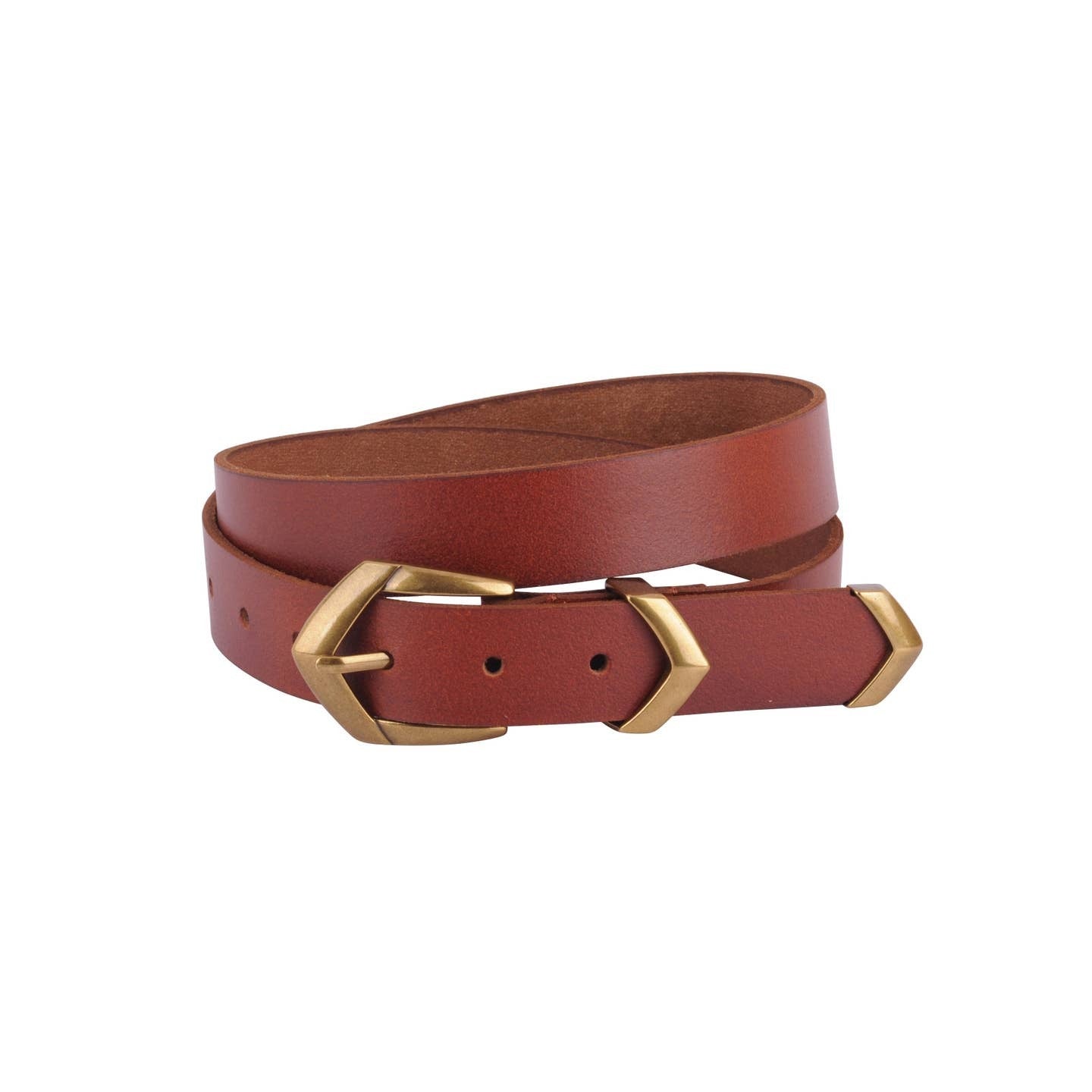 Brown leather belt with gold buckle on a white background