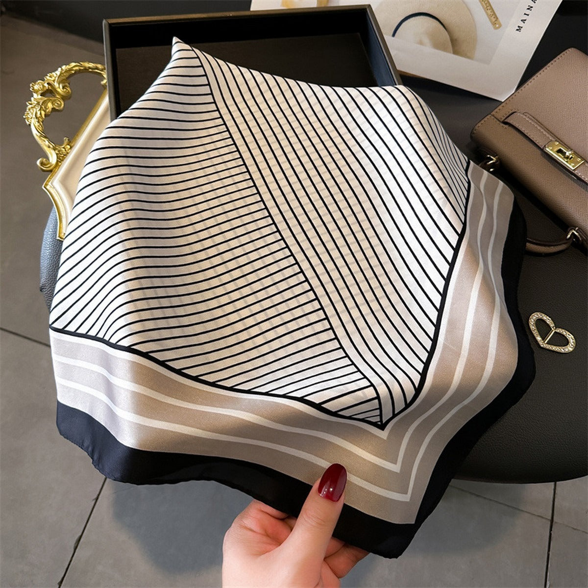 Printed Black/Tan Silk Scarf