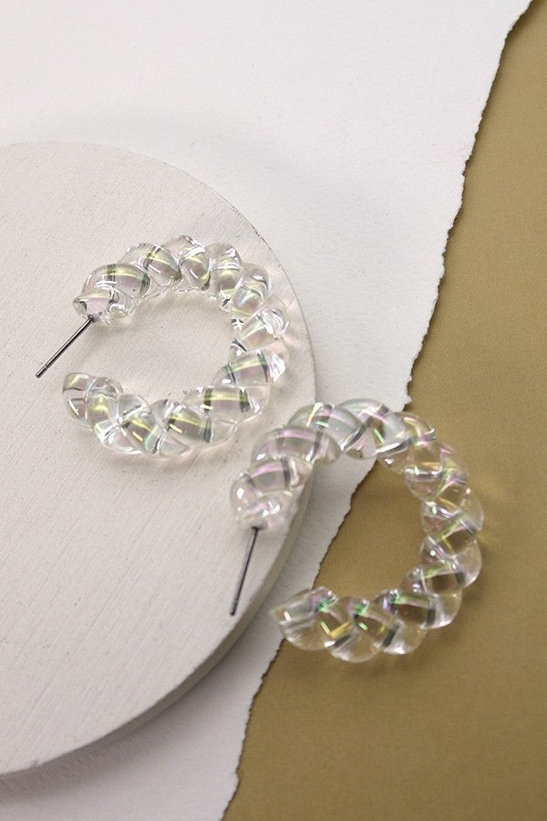 Clear Iridescent Braided Hoop Earrings