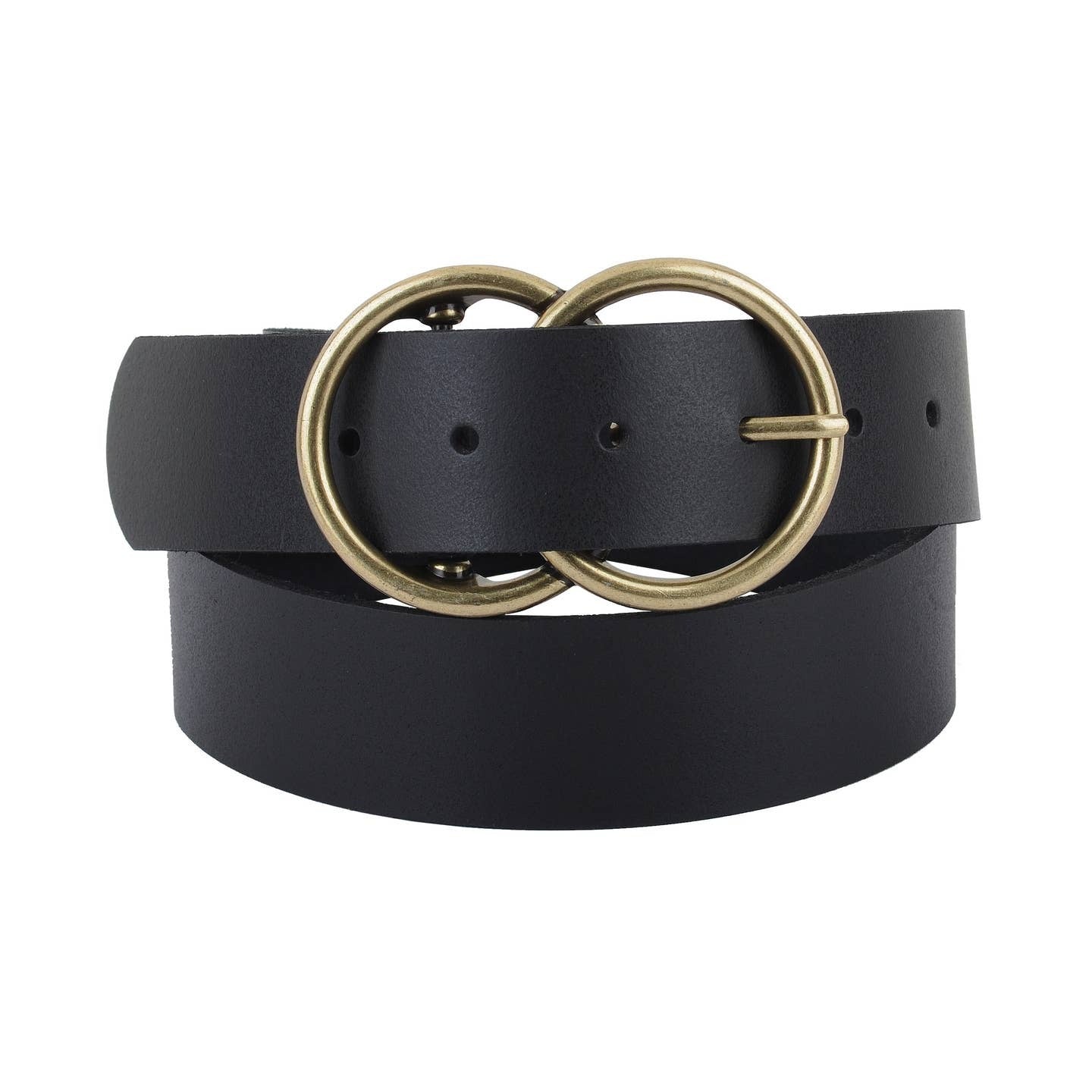 Black belt with a gold double ring buckle on a white background