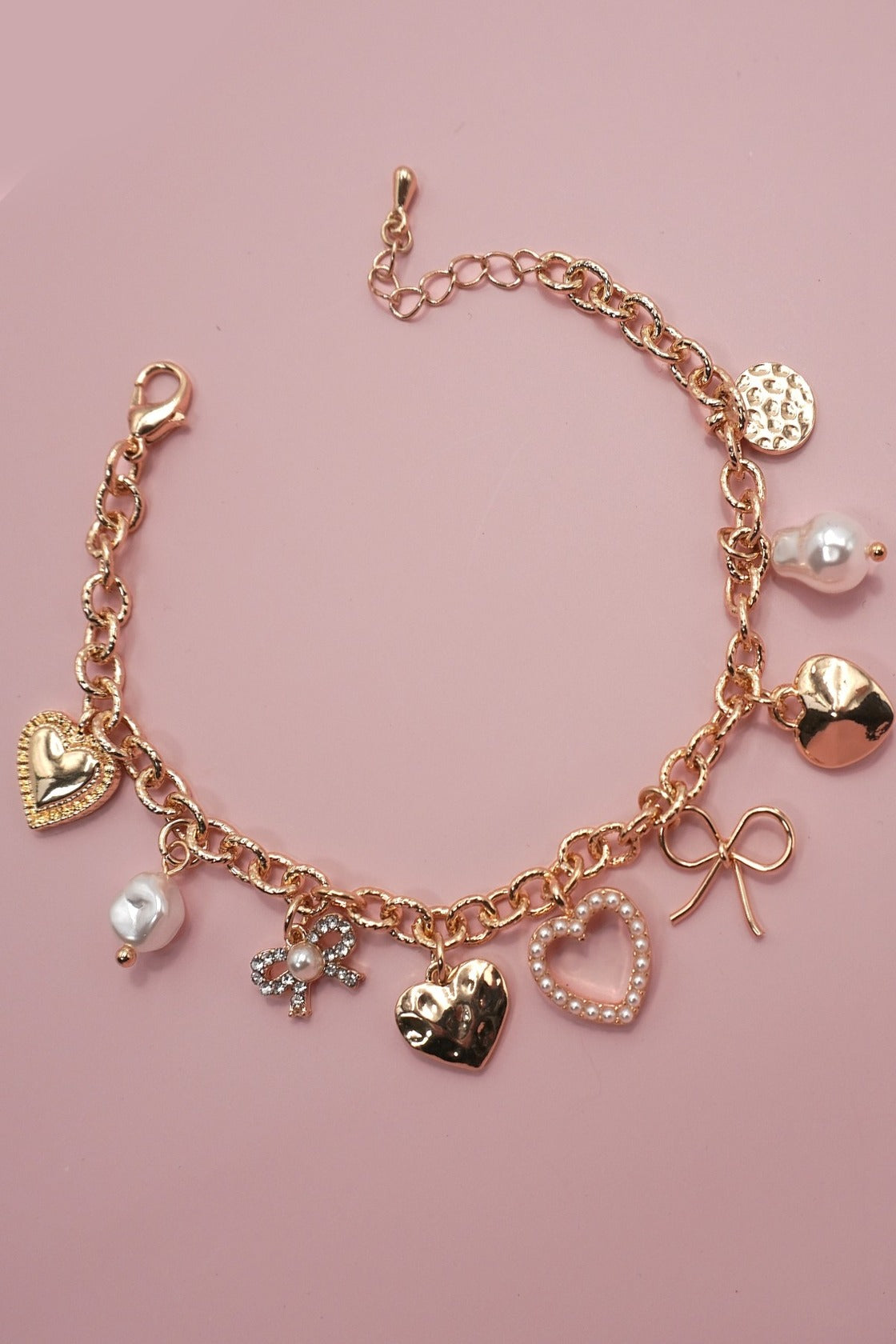 Bow Heart Pearl Charm Bracelet