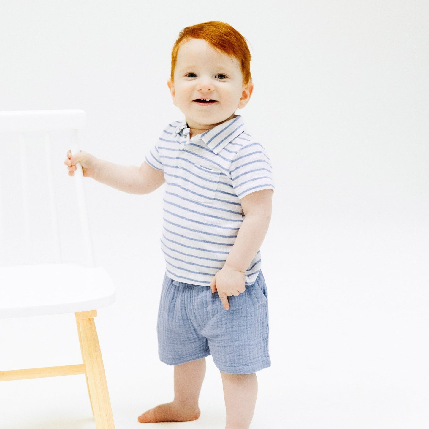 Dusty Blue Stripe Polo Shirt and Muslin Short