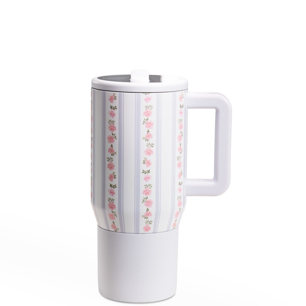 White travel mug with floral pattern on a white background