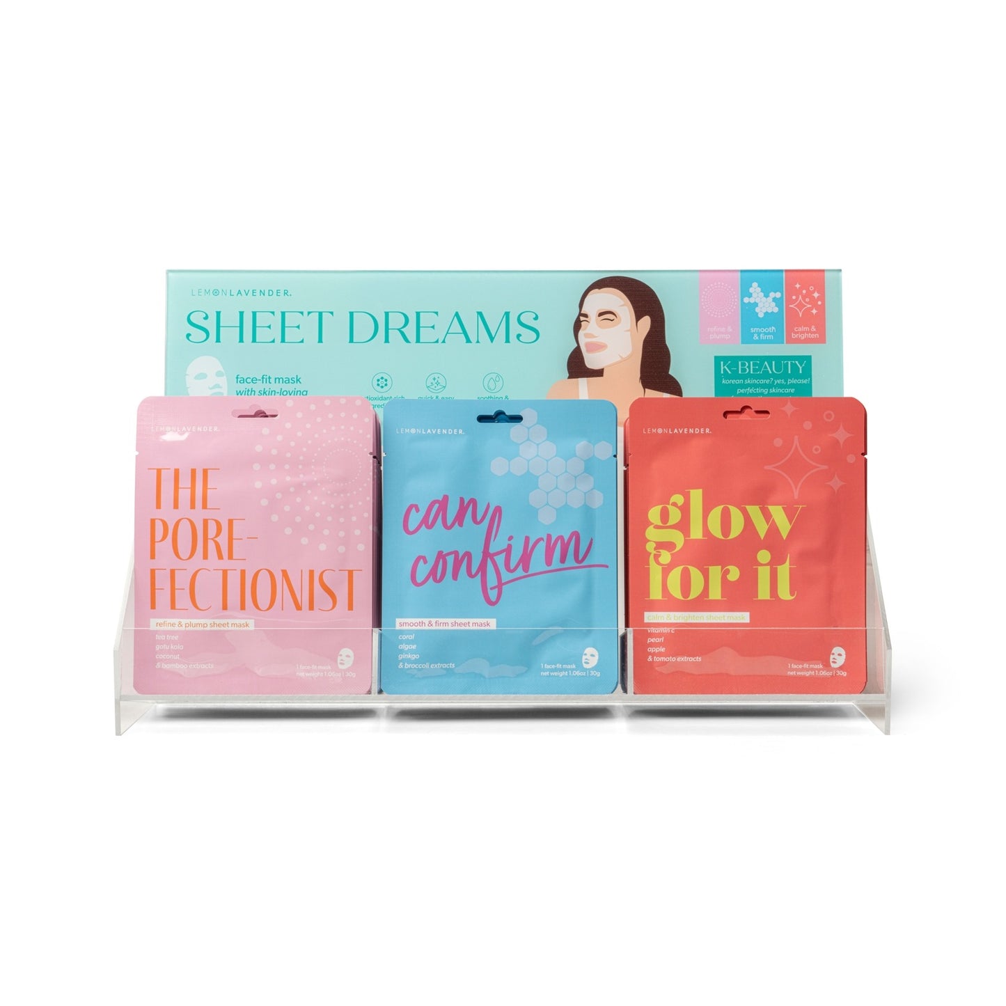 Sheet mask display with 'Sheet Dreams' branding and three masks labeled 'The Pore Lectionist', 'Can Confirm', and 'Glow for It'.