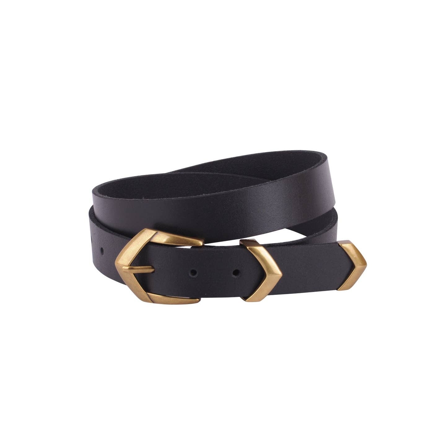 Black leather belt with gold buckle on a white background