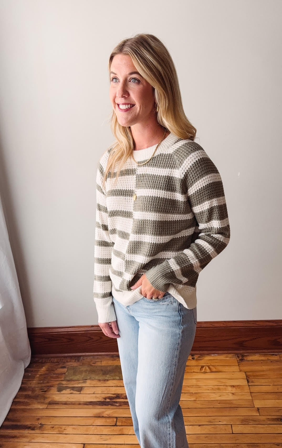 Anna Olive Color Block Waffle Sweater