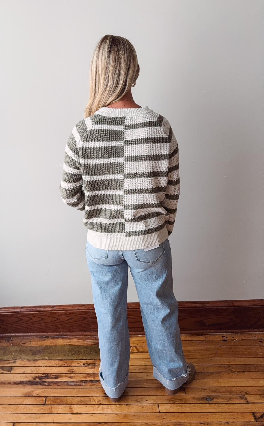 Anna Olive Color Block Waffle Sweater