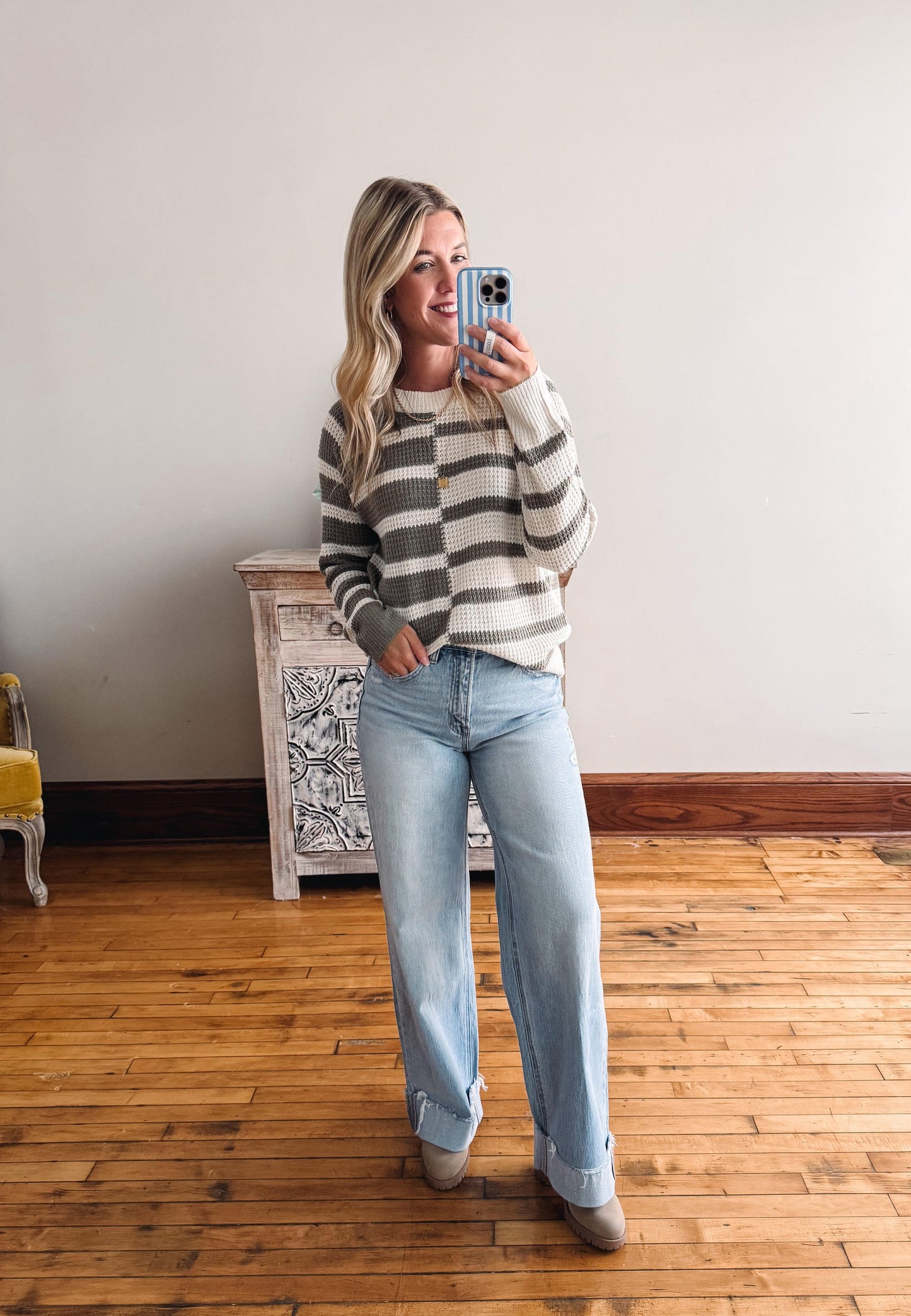 Anna Olive Color Block Waffle Sweater