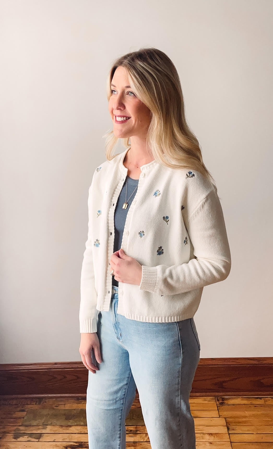 Blue Flower Embroidered Cardigan