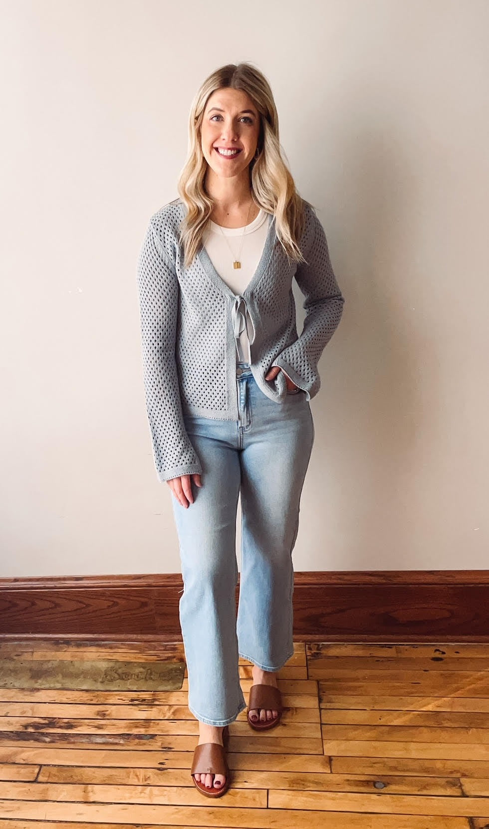 Blue Crochet Front Tie Sweater