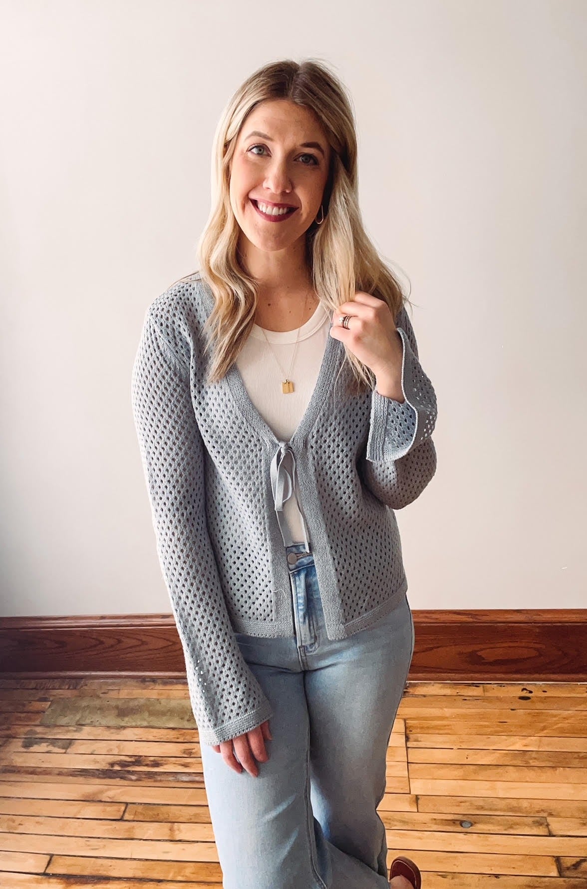 Blue Crochet Front Tie Sweater