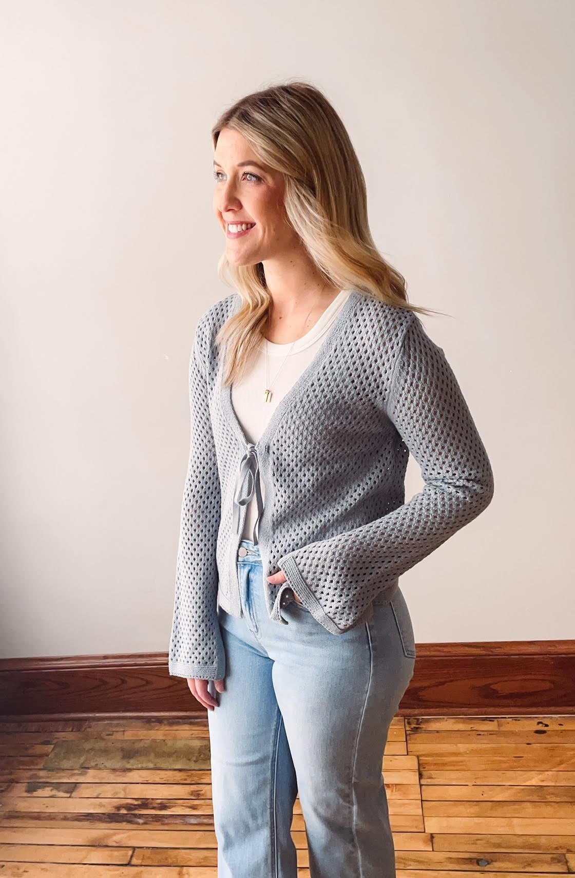 Blue Crochet Front Tie Sweater