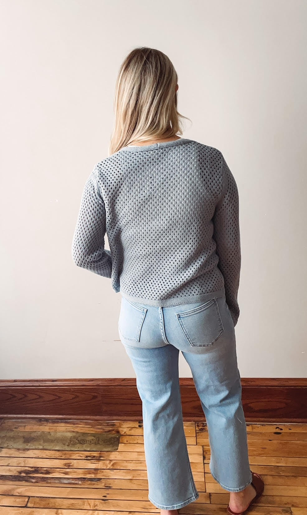 Blue Crochet Front Tie Sweater