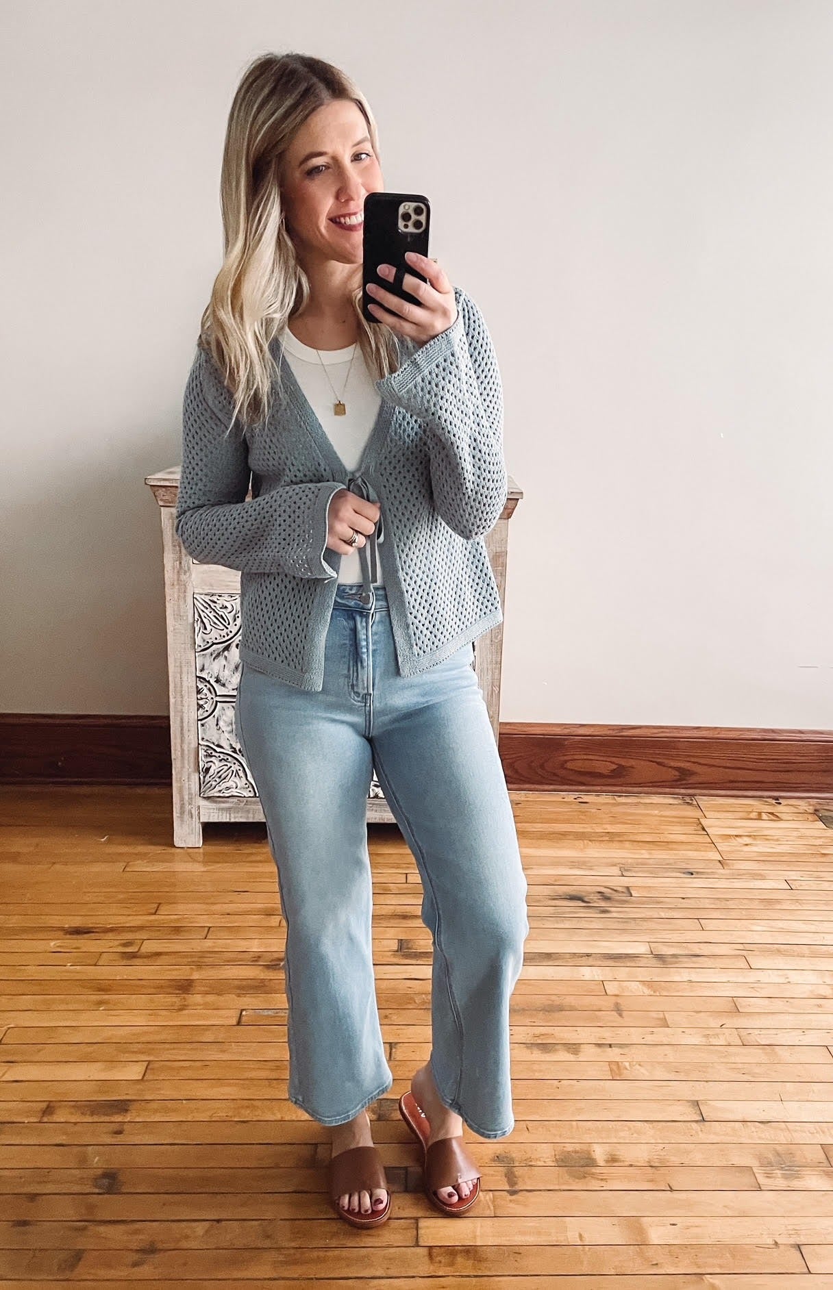 Blue Crochet Front Tie Sweater