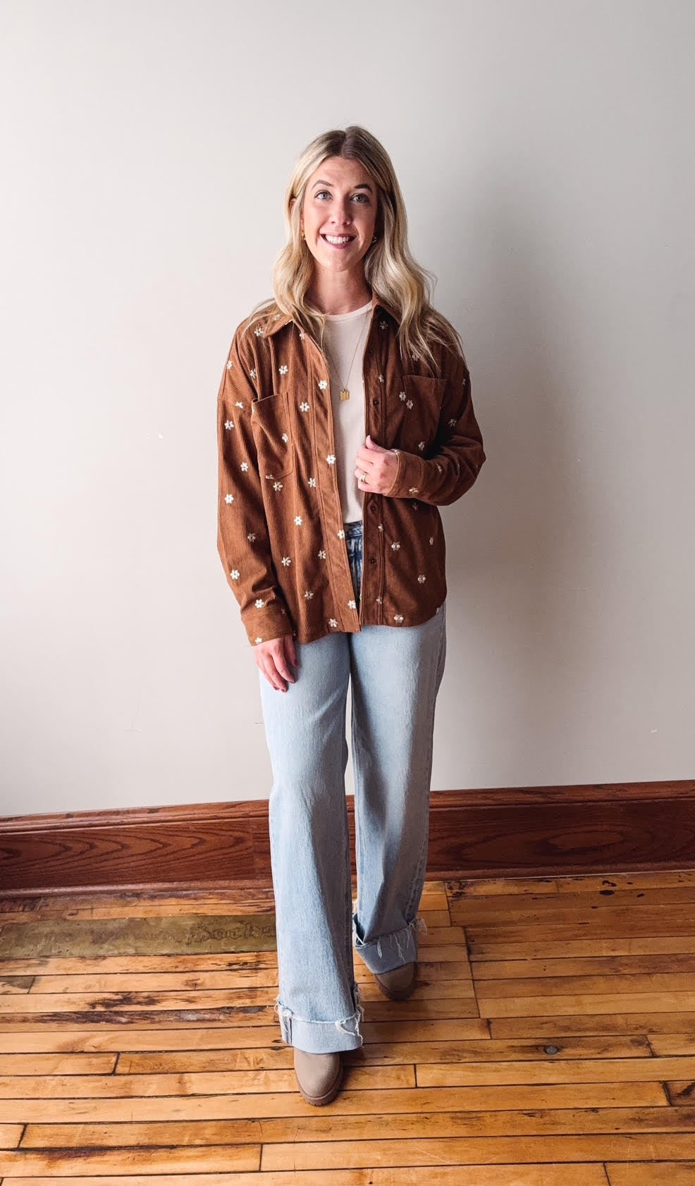 Brown Embroidery Corduroy Top