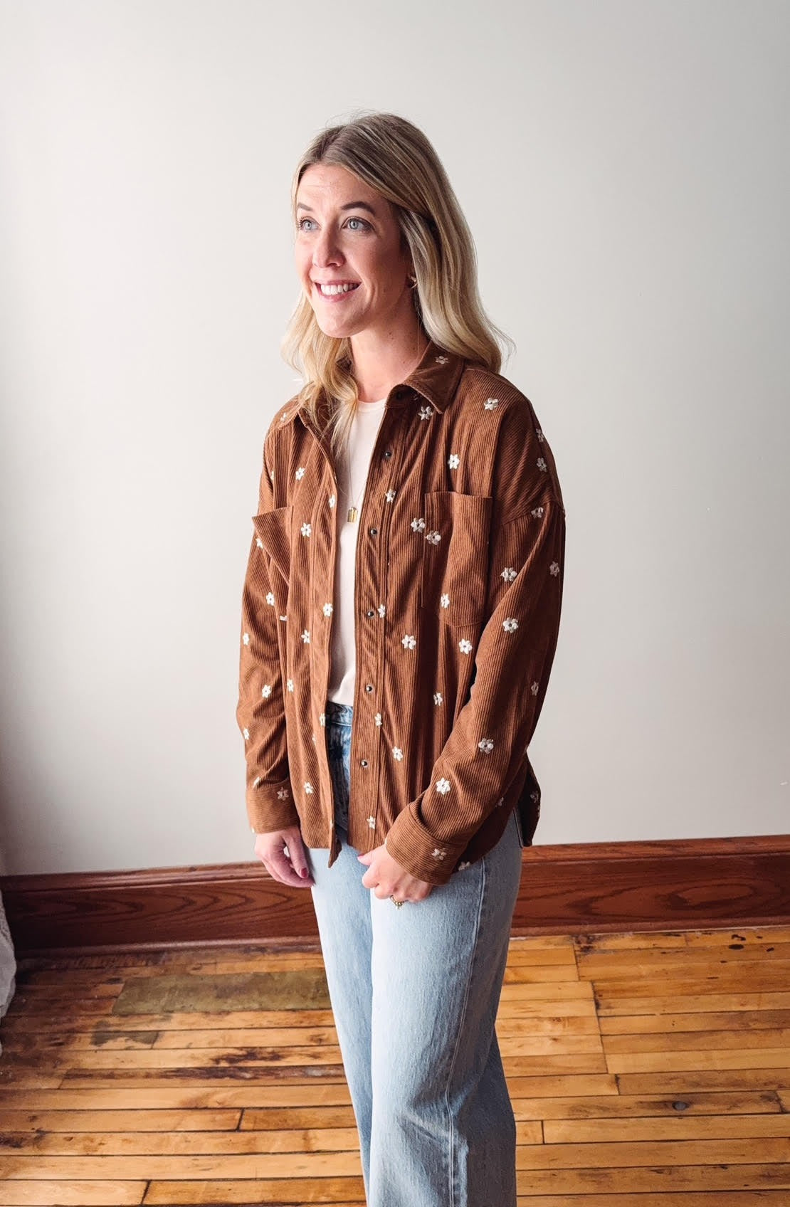 Brown Embroidery Corduroy Top