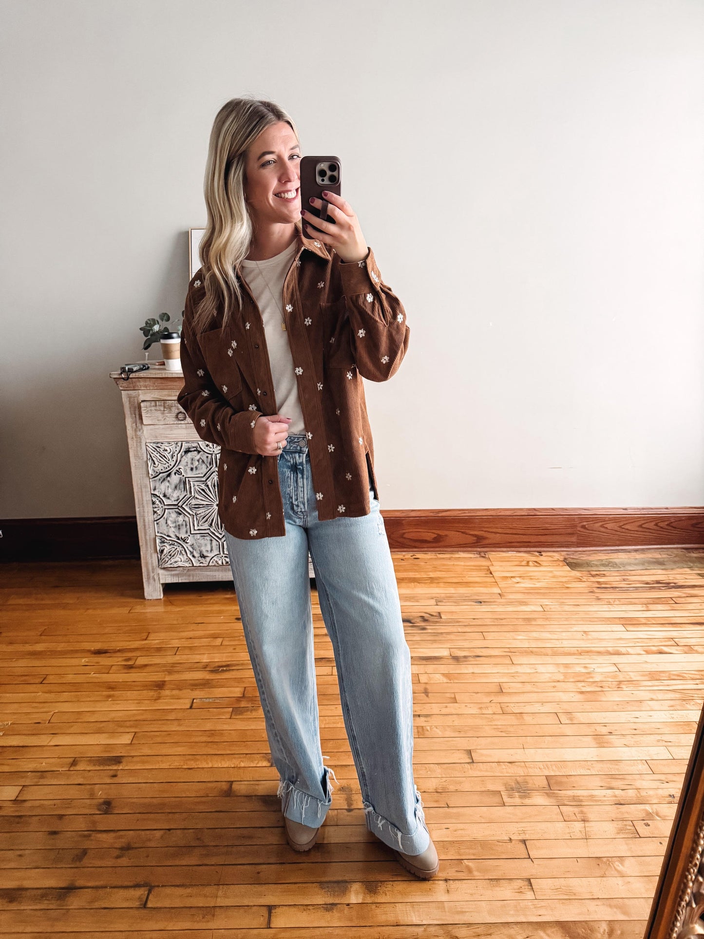 Brown Embroidery Corduroy Top