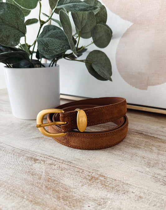 Brown belt with gold buckle on a wooden surface with a plant in the background
