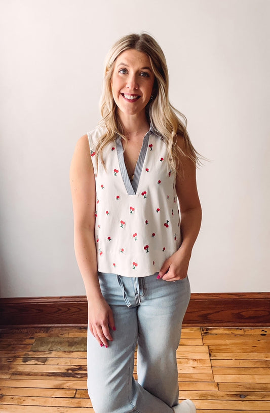 Cherry Motif Collared Tank Top