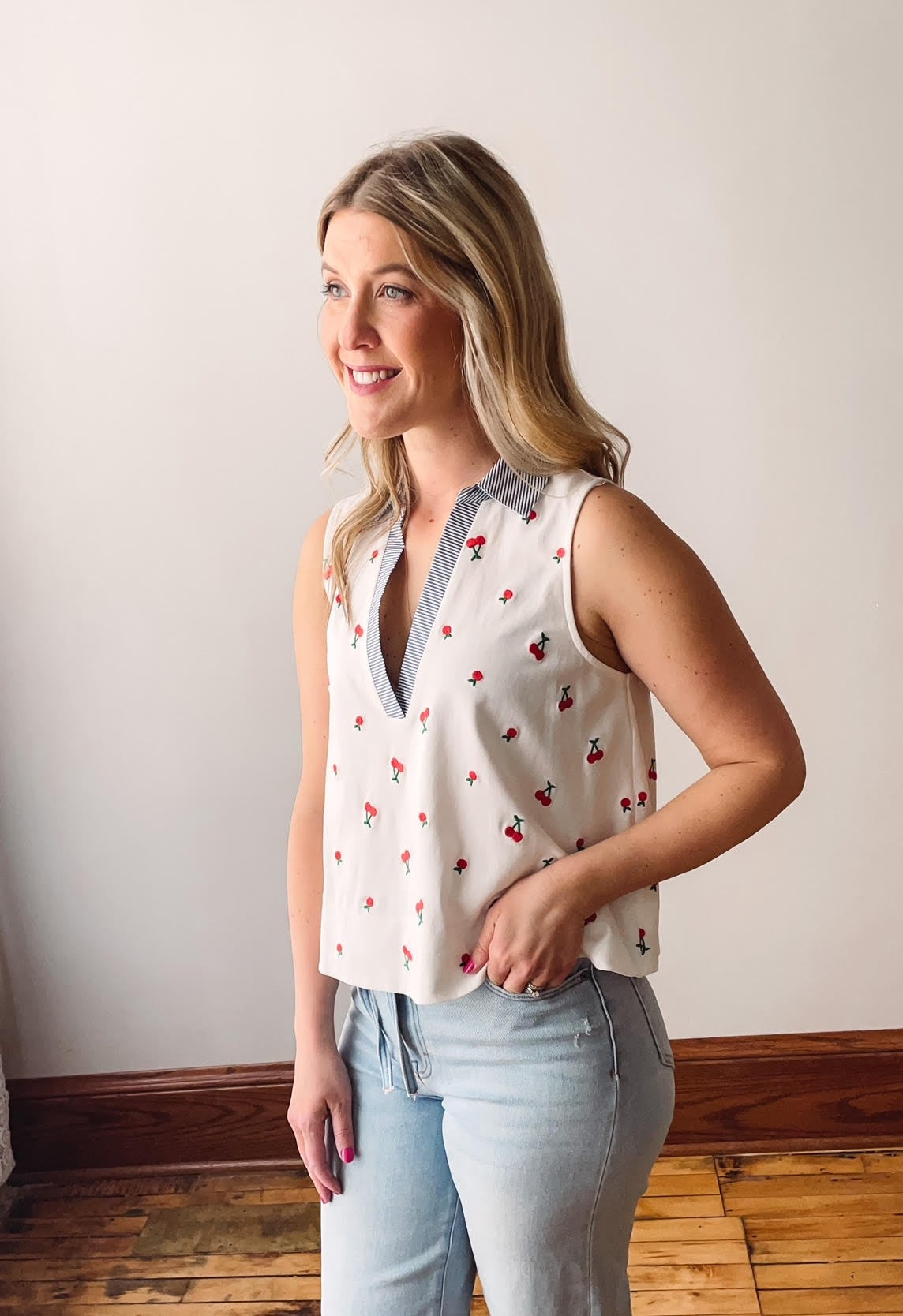 Cherry Motif Collared Tank Top