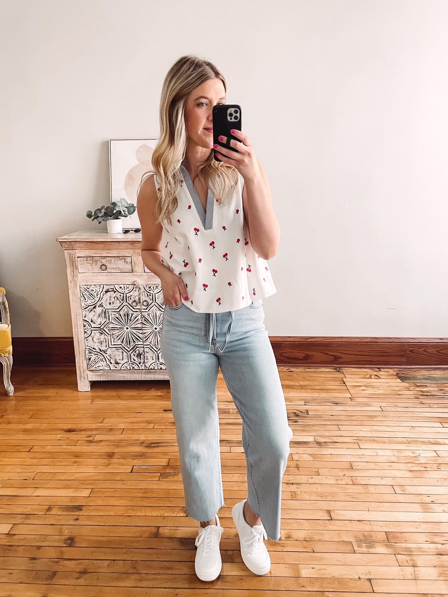 Cherry Motif Collared Tank Top