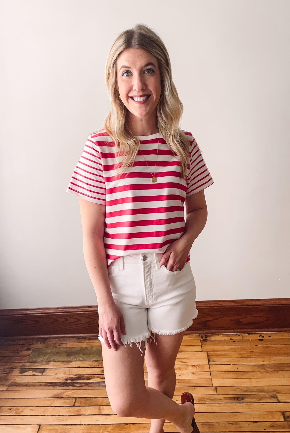 Cherry + White Striped Tee
