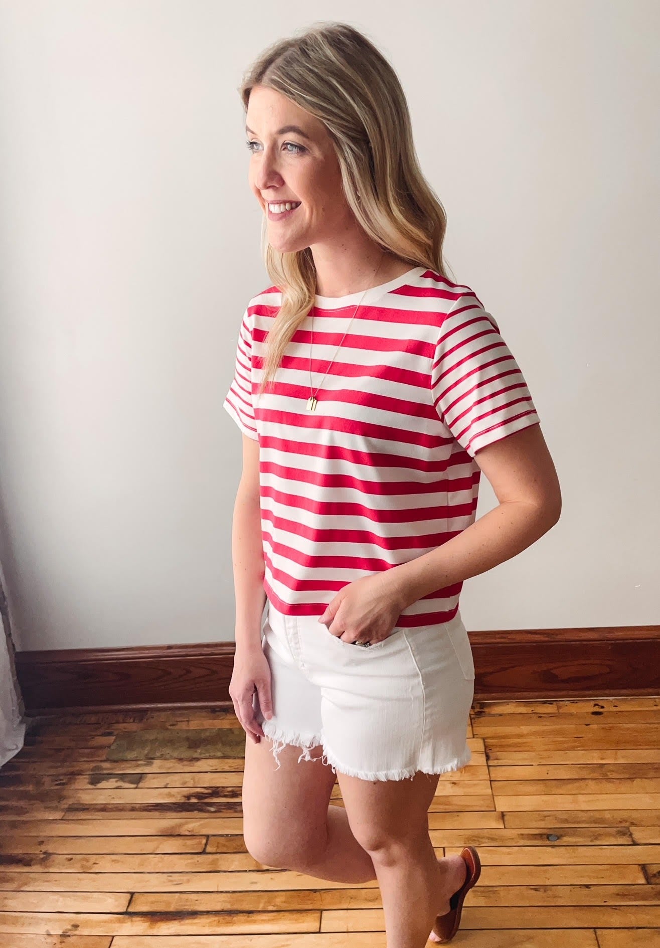 Cherry + White Striped Tee