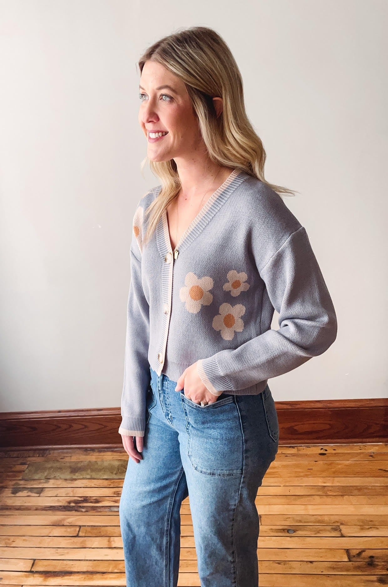 Dusty Blue Daisy Cardigan