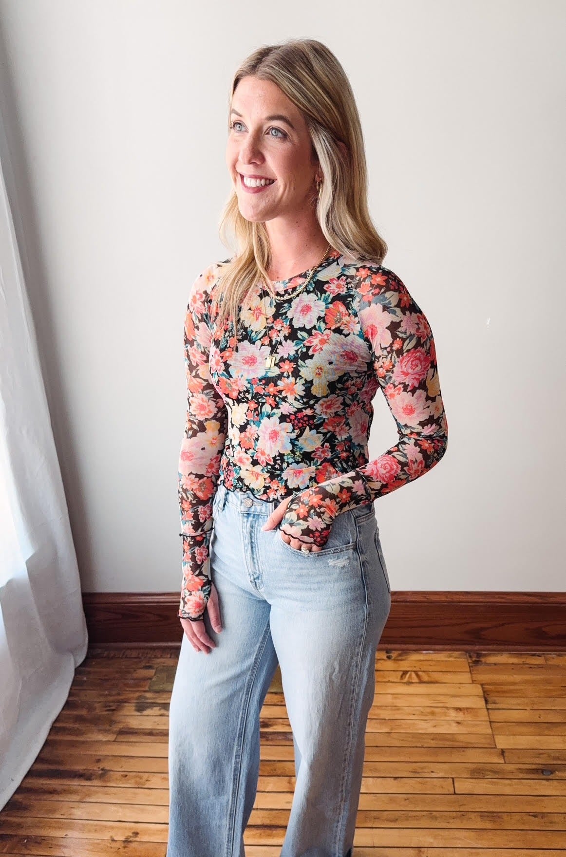Emily Black Floral Mesh Top