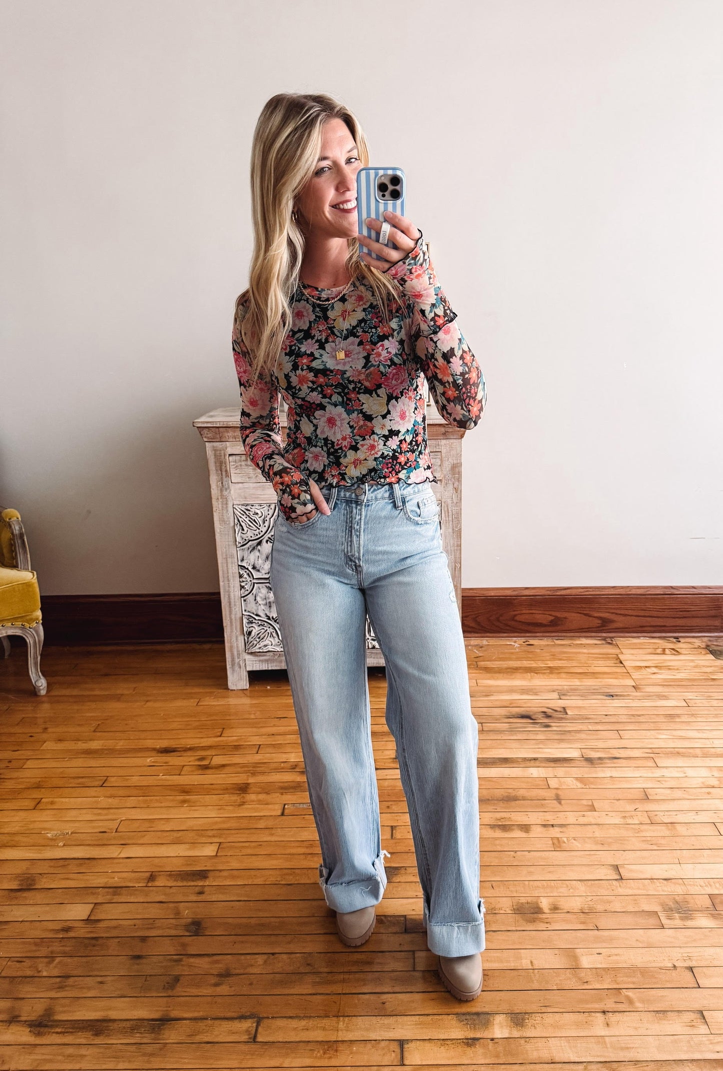 Emily Black Floral Mesh Top