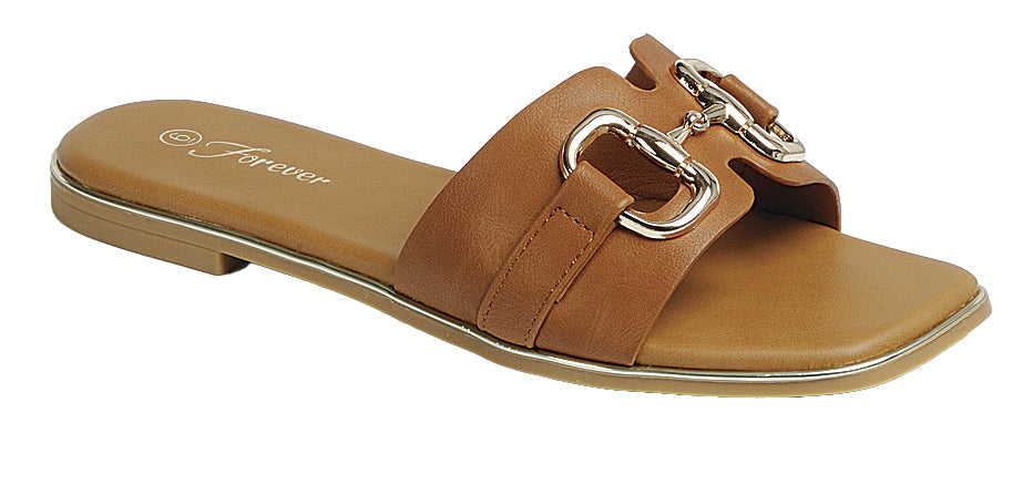 Tan sandal with a metallic buckle on a white background