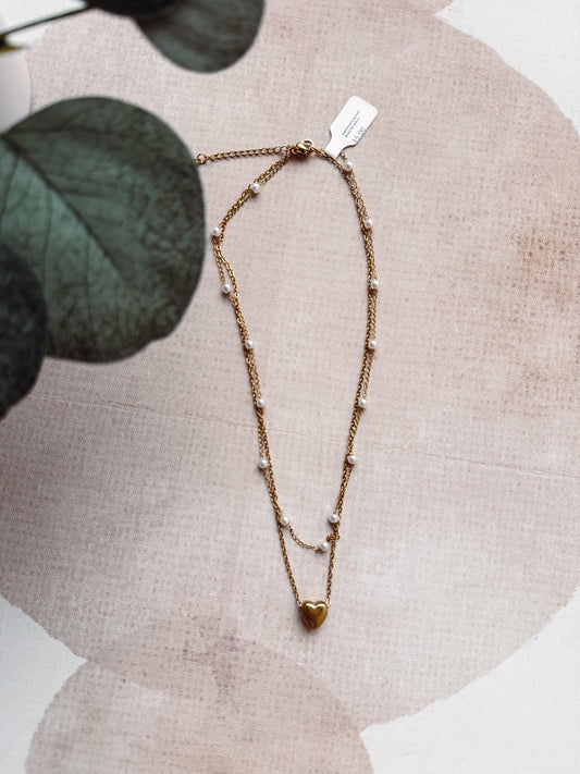 Gold Pearl Layered Heart Necklace