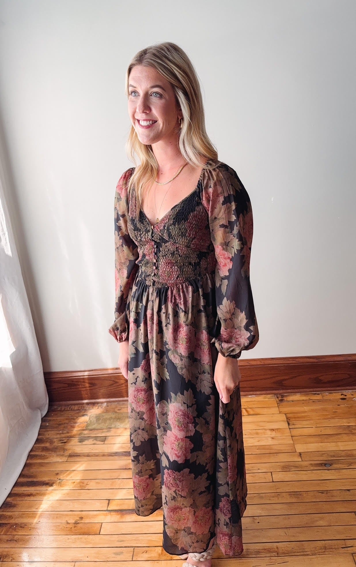 Gracie Black Floral Midi Dress