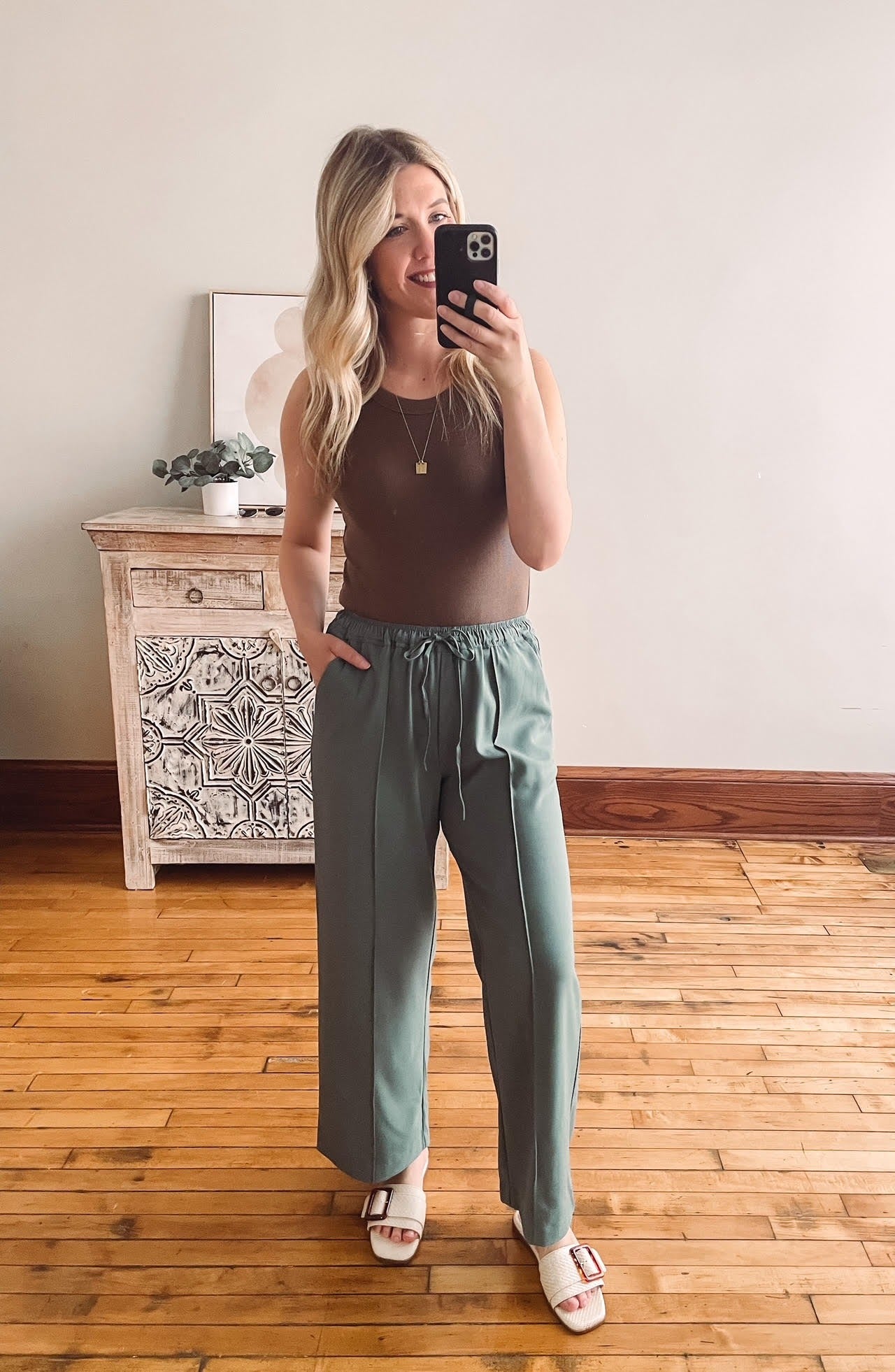 Green Drawstring Wide Leg Pants