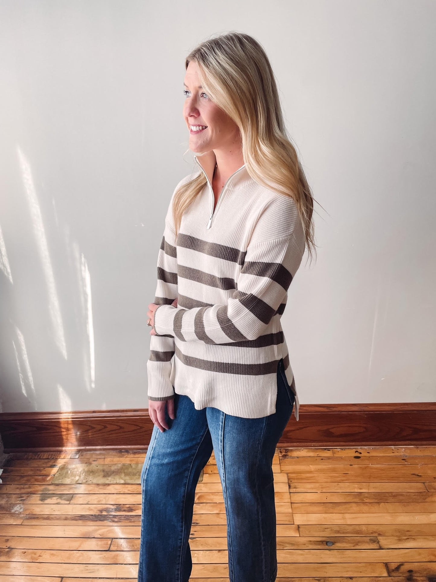 Half Zip Olive Striped Sweater