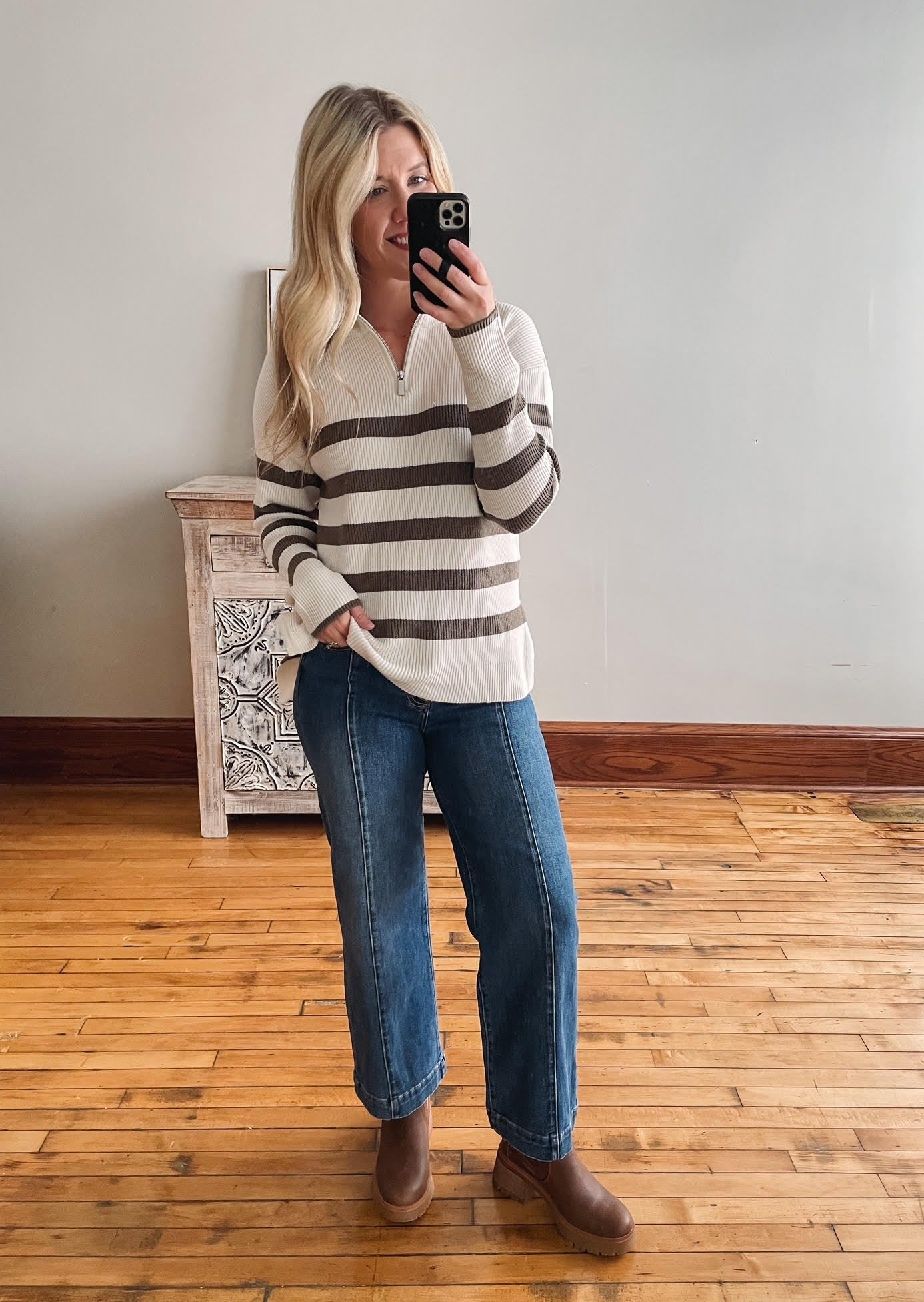 Half Zip Olive Striped Sweater