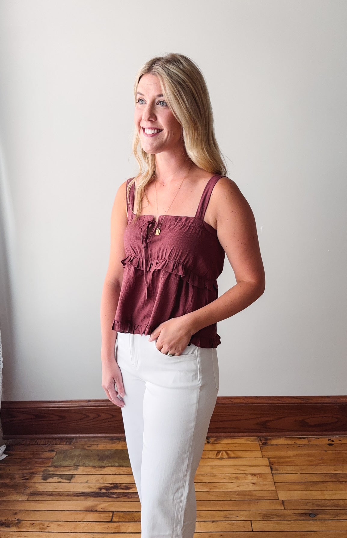 Brooklynn Merlot Ruffle Tiered Top