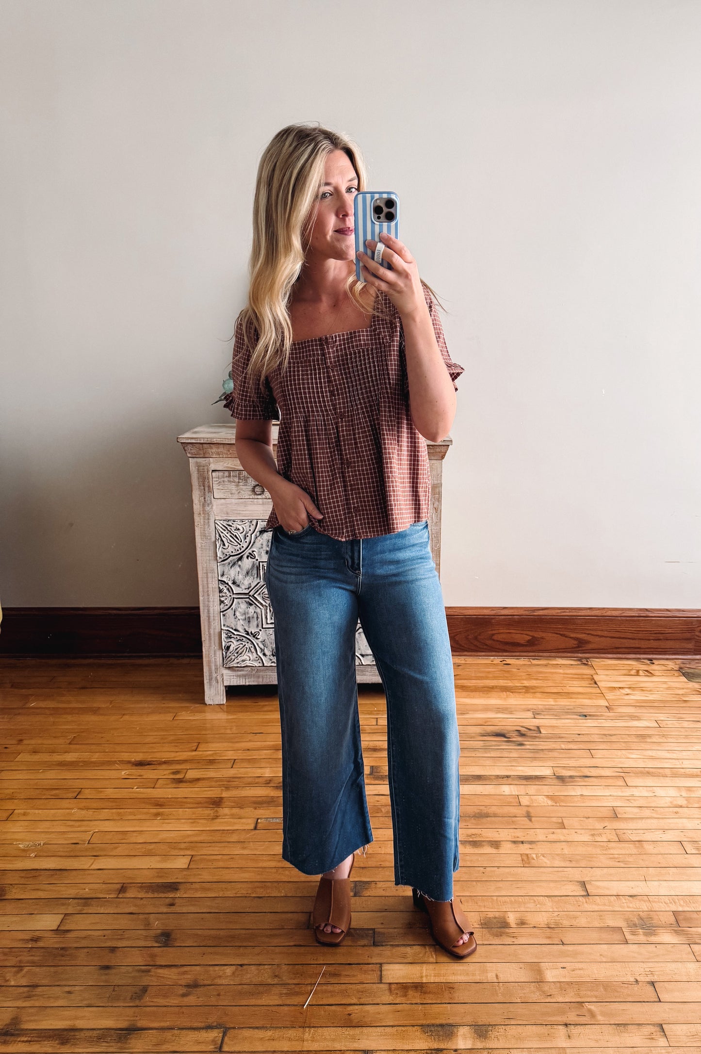 Ally Brown + Cream Plaid Blouse