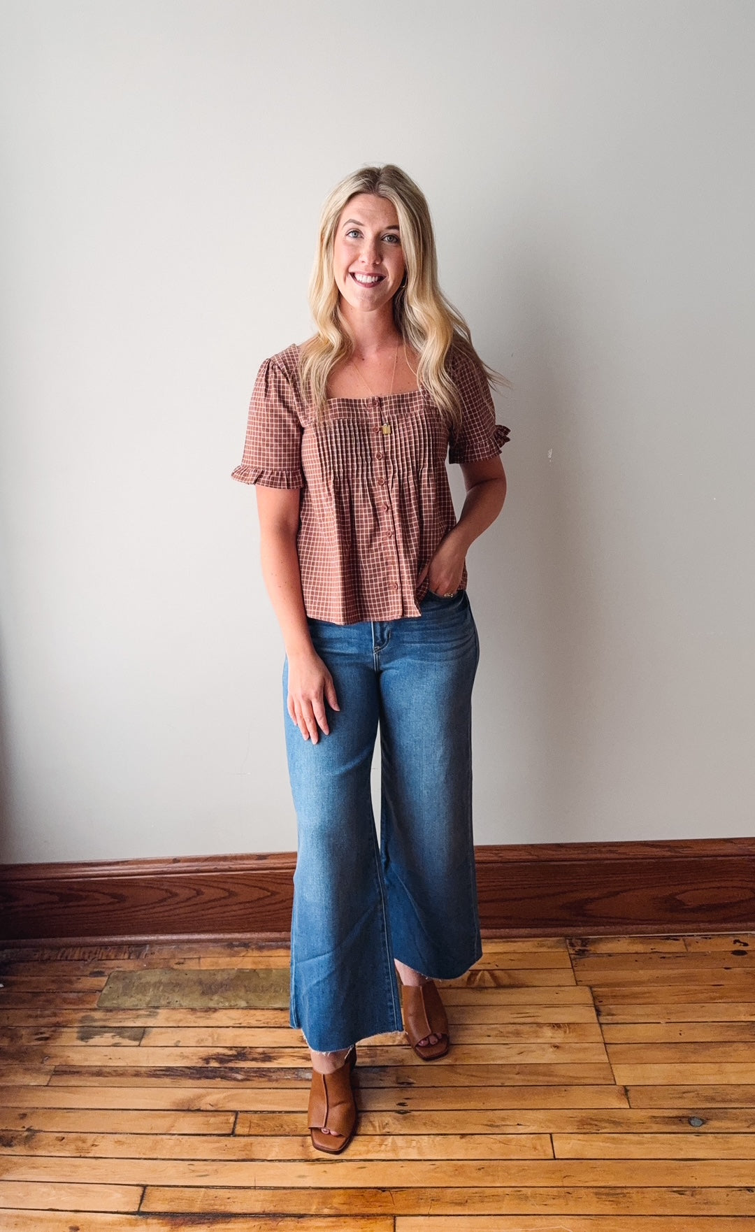 Ally Brown + Cream Plaid Blouse