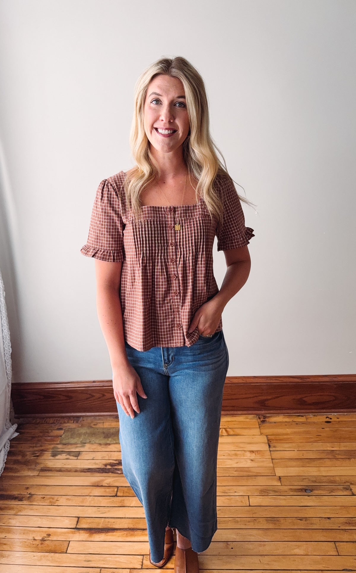 Ally Brown + Cream Plaid Blouse