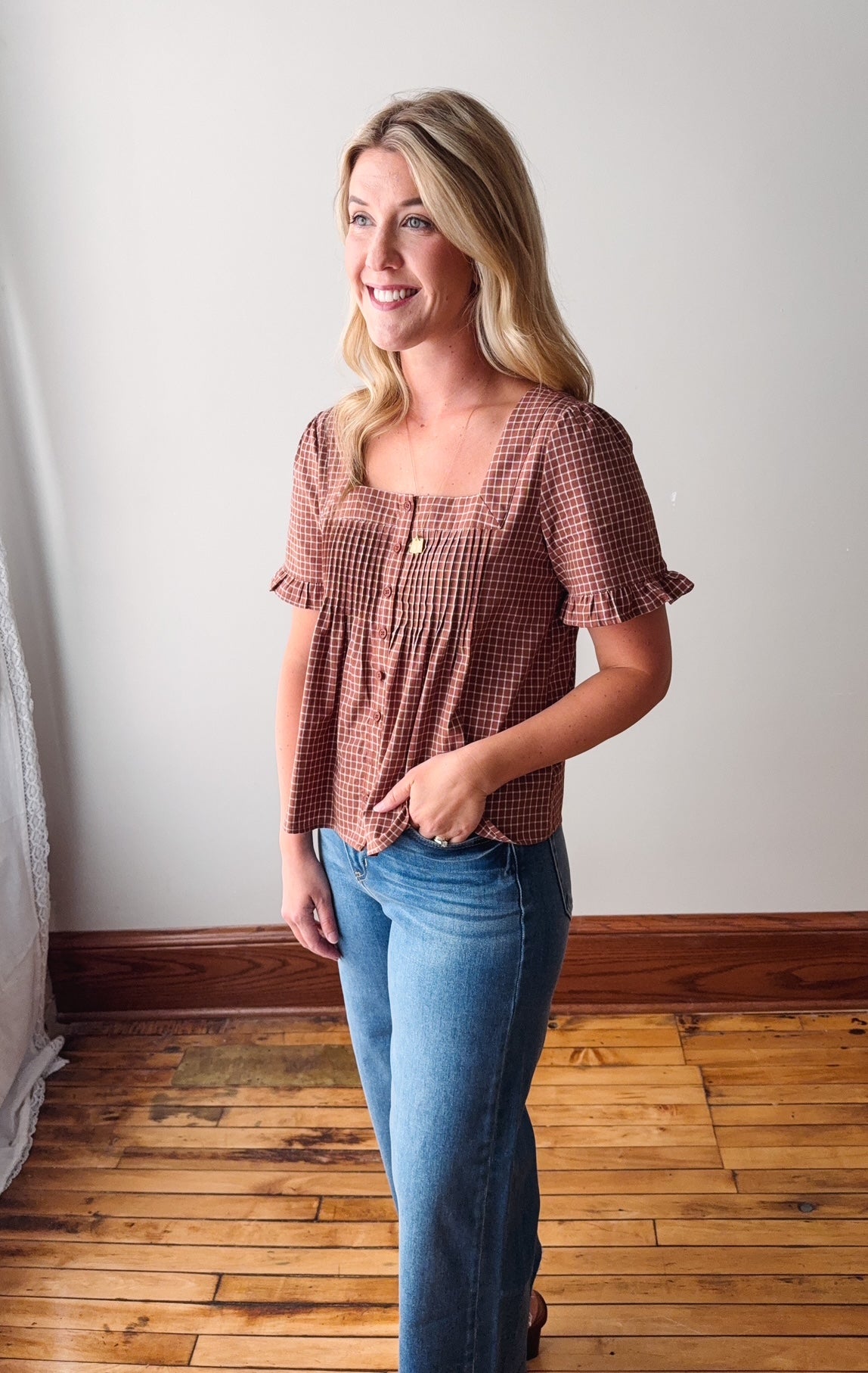 Ally Brown + Cream Plaid Blouse
