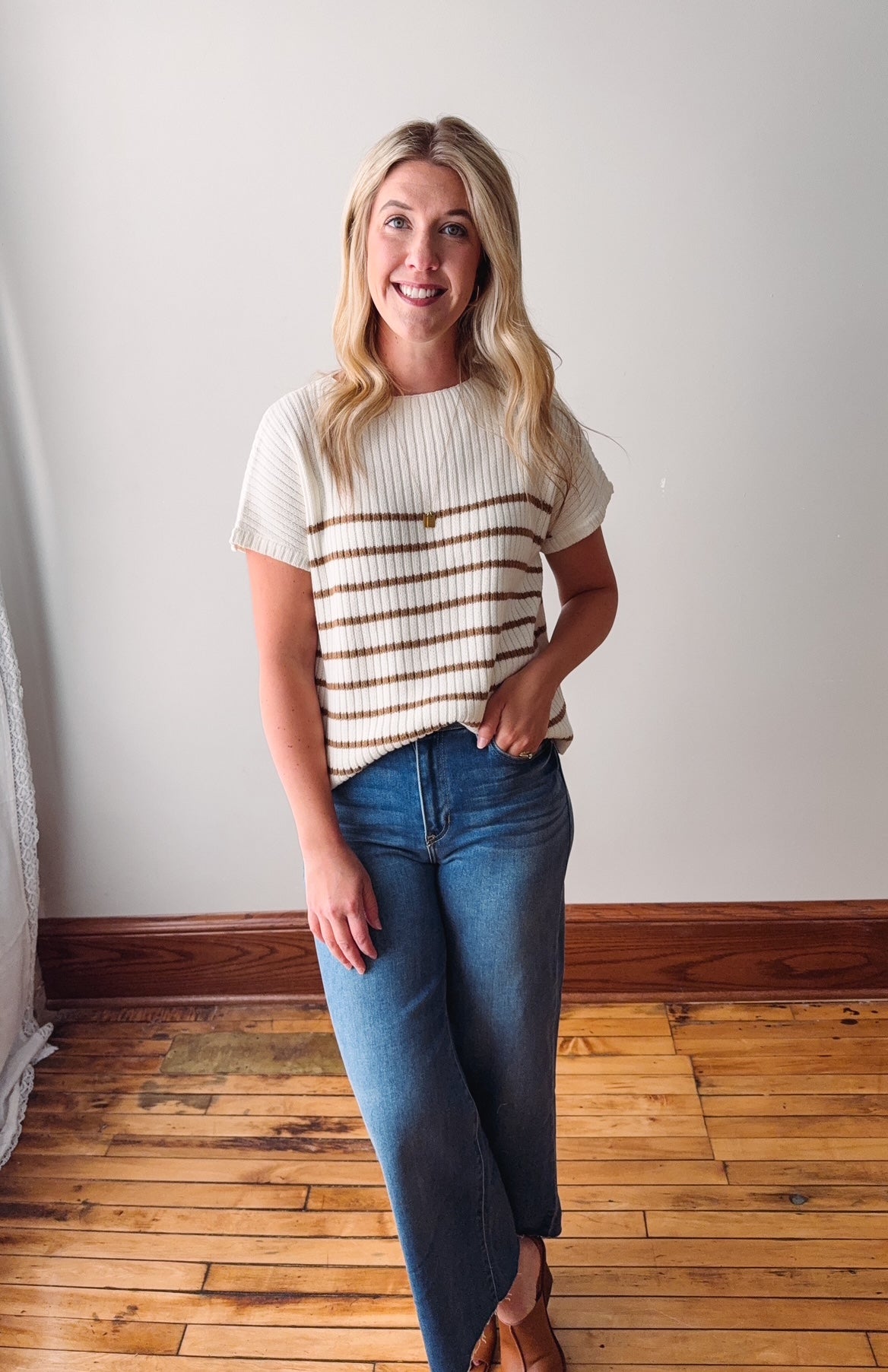 Sarah Cream + Camel Ribbed Sweater Top